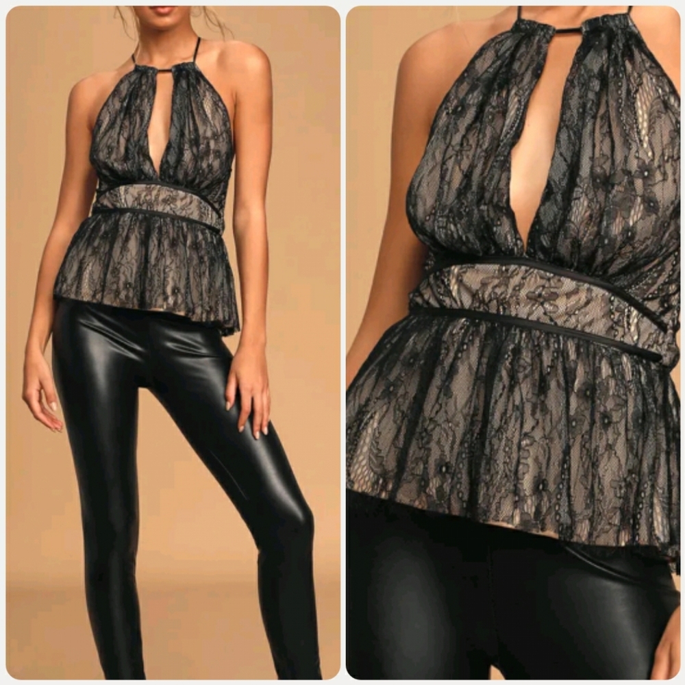 Lulu's Black & Nude Lace Peplum Top
